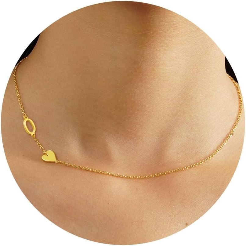 JSJOY Dainty Sideway Initial Necklaces for Women Girls 14K Gold Plated Heart Letter Choker Necklace Minimalist Jewelry Gifts