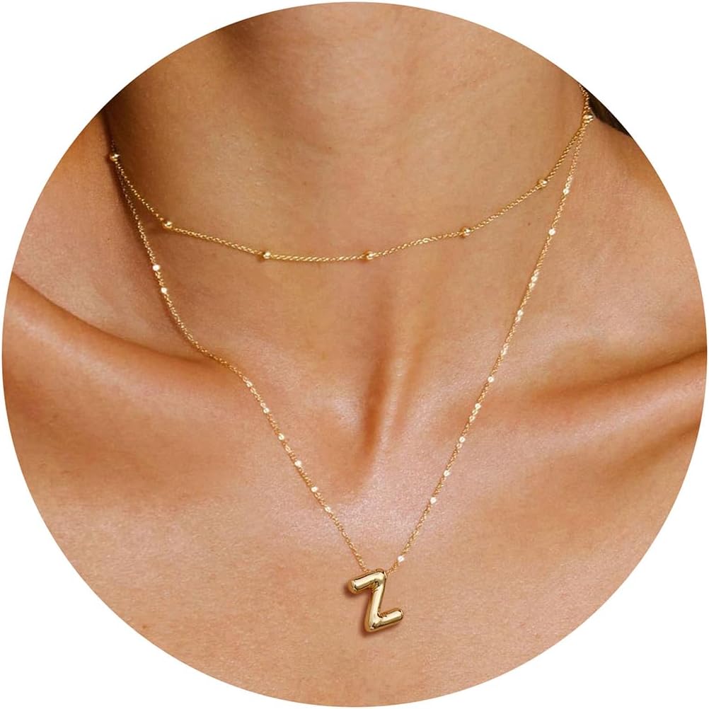 JSJOY Bubble Letter Necklace Gold Initial Necklaces for Women A-Z Layered Bubble Initial Necklace for Teen Girls Dainty Balloon Letter Necklace 14K Gold Plated Alphabet Necklaces