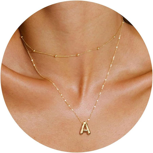 JSJOY Bubble Letter Necklace Gold Initial Necklaces for Women A-Z Layered Bubble Initial Necklace for Teen Girls Dainty Balloon Letter Necklace 14K Gold Plated Alphabet Necklaces