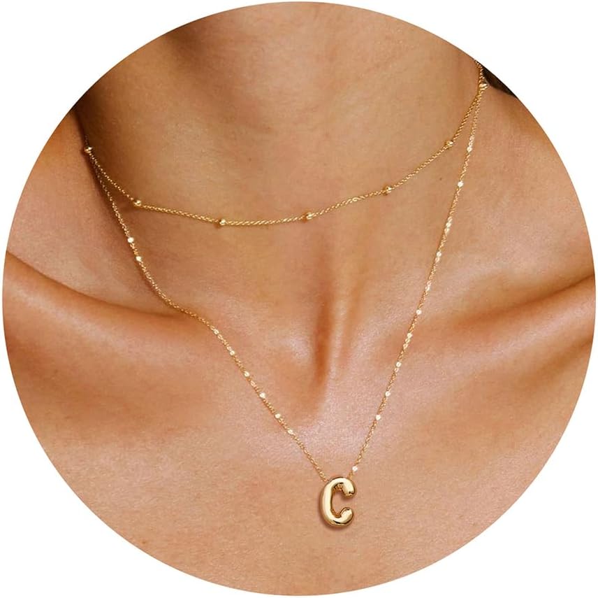 JSJOY Bubble Letter Necklace Gold Initial Necklaces for Women A-Z Layered Bubble Initial Necklace for Teen Girls Dainty Balloon Letter Necklace 14K Gold Plated Alphabet Necklaces