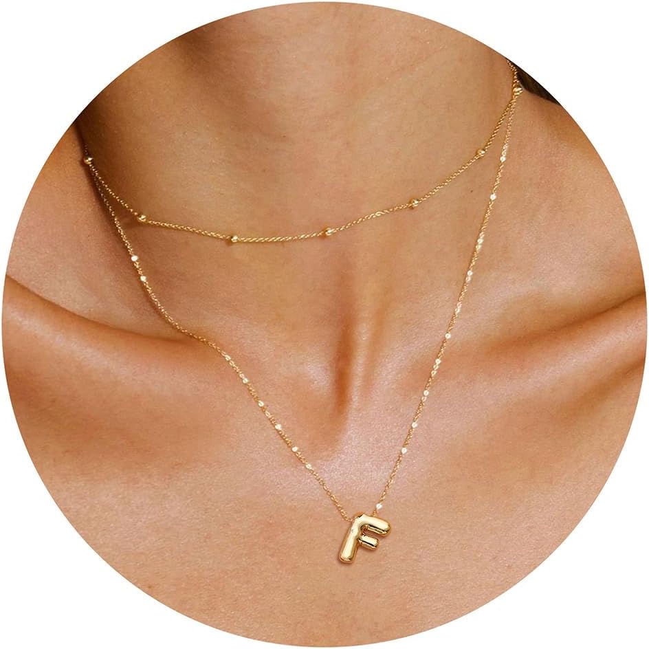 JSJOY Bubble Letter Necklace Gold Initial Necklaces for Women A-Z Layered Bubble Initial Necklace for Teen Girls Dainty Balloon Letter Necklace 14K Gold Plated Alphabet Necklaces