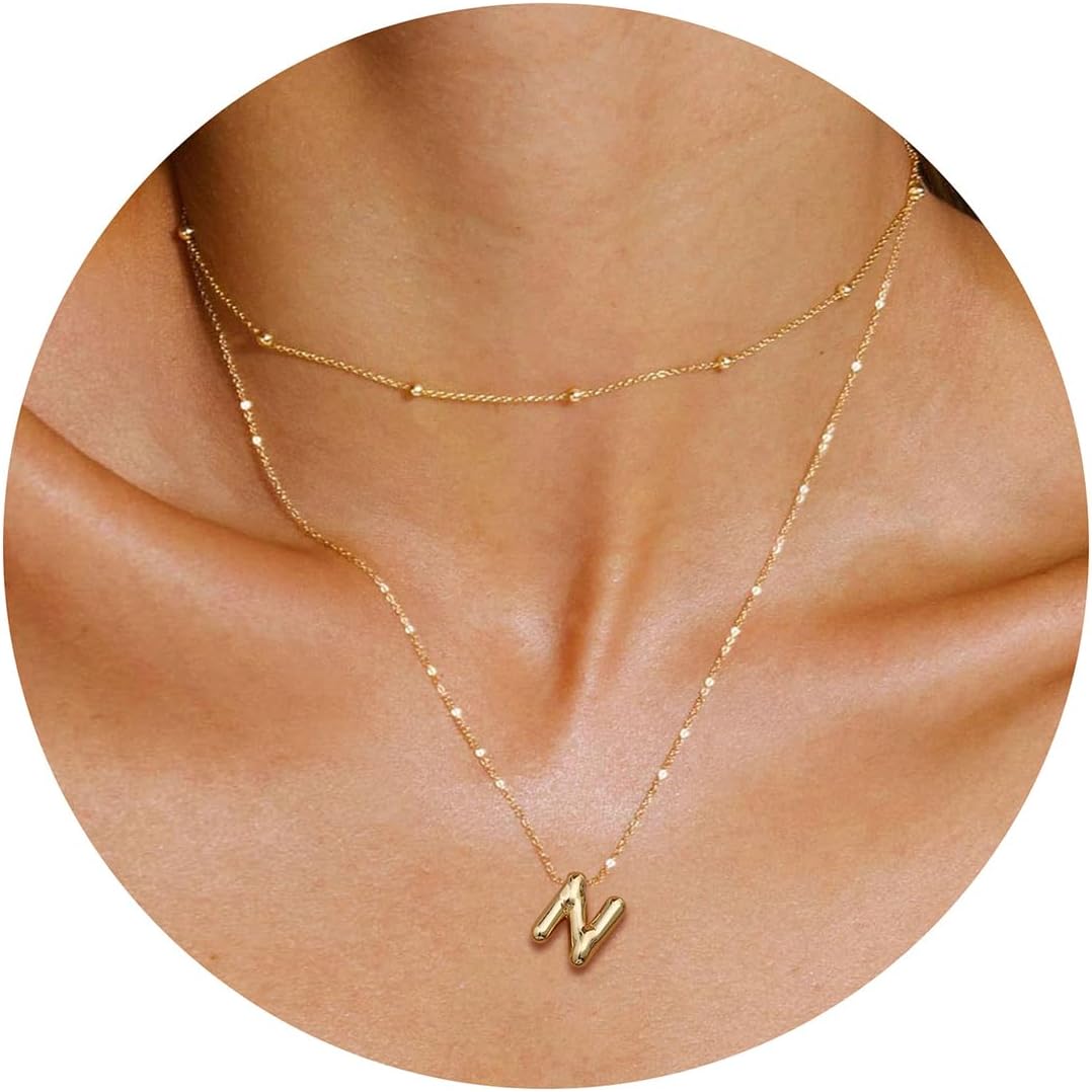 JSJOY Bubble Letter Necklace Gold Initial Necklaces for Women A-Z Layered Bubble Initial Necklace for Teen Girls Dainty Balloon Letter Necklace 14K Gold Plated Alphabet Necklaces