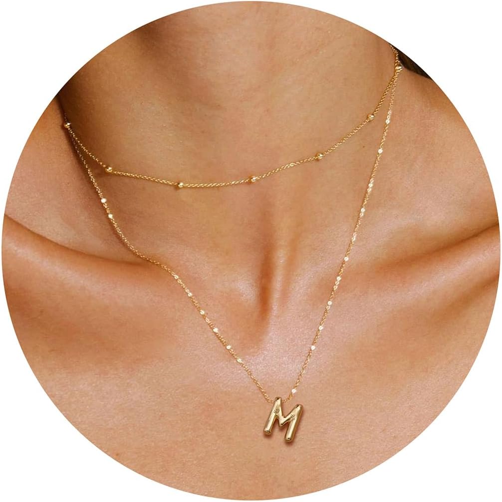 JSJOY Bubble Letter Necklace Gold Initial Necklaces for Women A-Z Layered Bubble Initial Necklace for Teen Girls Dainty Balloon Letter Necklace 14K Gold Plated Alphabet Necklaces