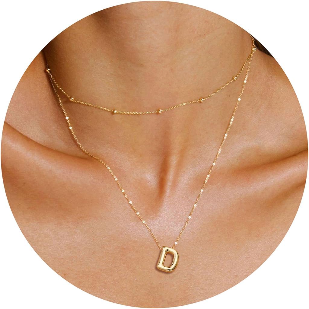 JSJOY Bubble Letter Necklace Gold Initial Necklaces for Women A-Z Layered Bubble Initial Necklace for Teen Girls Dainty Balloon Letter Necklace 14K Gold Plated Alphabet Necklaces