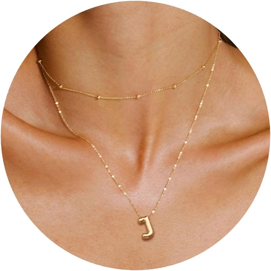 JSJOY Bubble Letter Necklace Gold Initial Necklaces for Women A-Z Layered Bubble Initial Necklace for Teen Girls Dainty Balloon Letter Necklace 14K Gold Plated Alphabet Necklaces