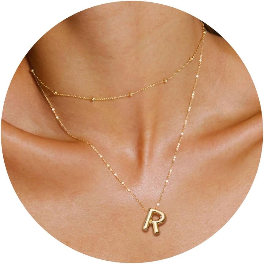 JSJOY Bubble Letter Necklace Gold Initial Necklaces for Women A-Z Layered Bubble Initial Necklace for Teen Girls Dainty Balloon Letter Necklace 14K Gold Plated Alphabet Necklaces