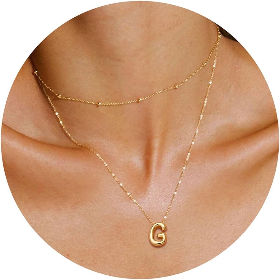 JSJOY Bubble Letter Necklace Gold Initial Necklaces for Women A-Z Layered Bubble Initial Necklace for Teen Girls Dainty Balloon Letter Necklace 14K Gold Plated Alphabet Necklaces