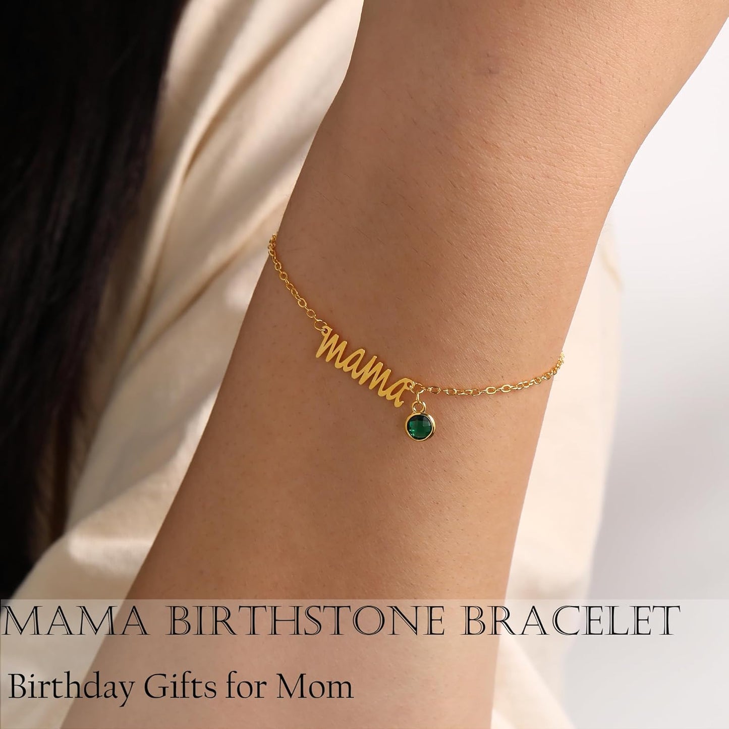 JSJOY Mom Birthday Gifts Gold Mama Bracelet with Birthstone Birthday Gifts for Women Dainty Birthstone Bracelets Emerald Jewelry Mom Gifts for Mother New Mom Gifts