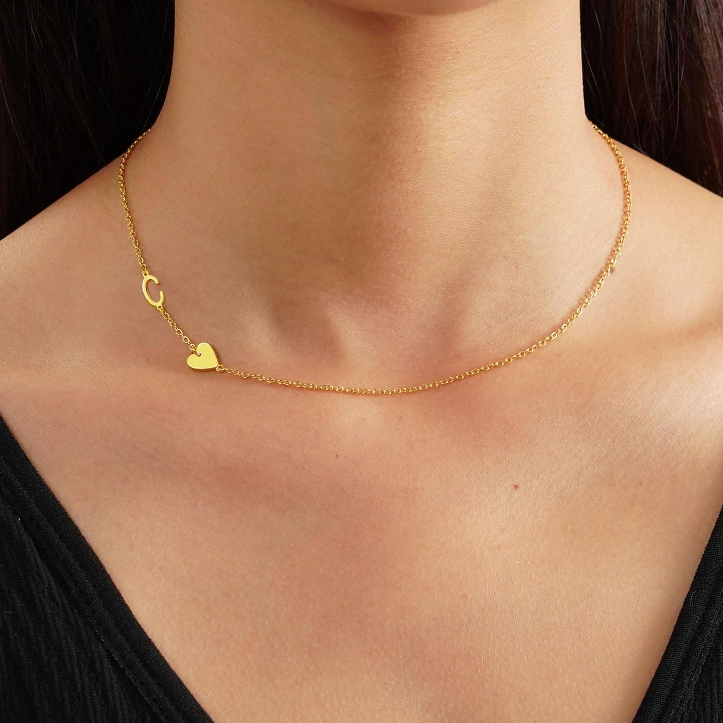 JSJOY Dainty Sideway Initial Necklaces for Women Girls 14K Gold Plated Heart Letter Choker Necklace Minimalist Jewelry Gifts