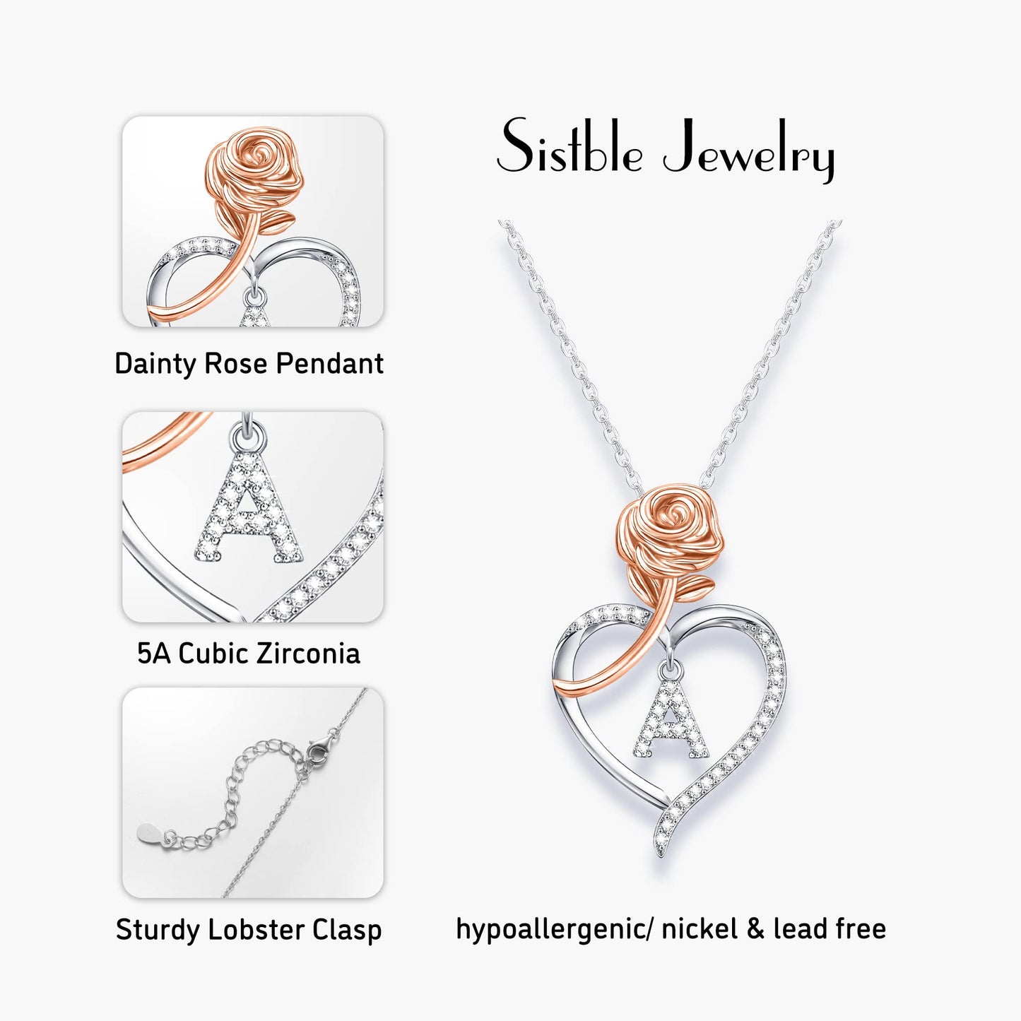 JSJOY Rose Heart Initial Necklaces for Women Girls A-Z Letter Pendant with Cubic Zirconia Mothers Day Graduation Birthday Gifts