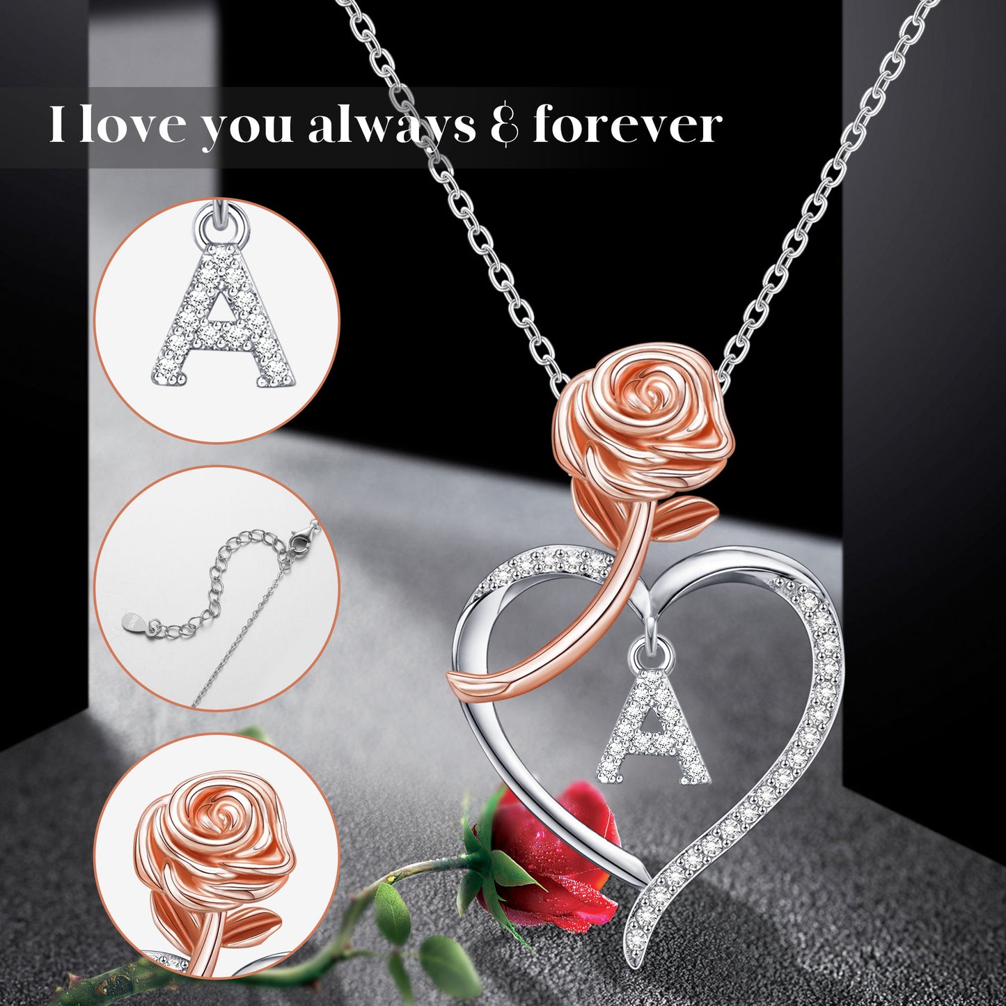 JSJOY Rose Heart Initial Necklaces Gifts for Women Teen Rose Love Heart Letter Pendant Necklace Jewelry Mothers Day Valentines Anniversary Birthday Gifts for Her Women Wife Girlfriend