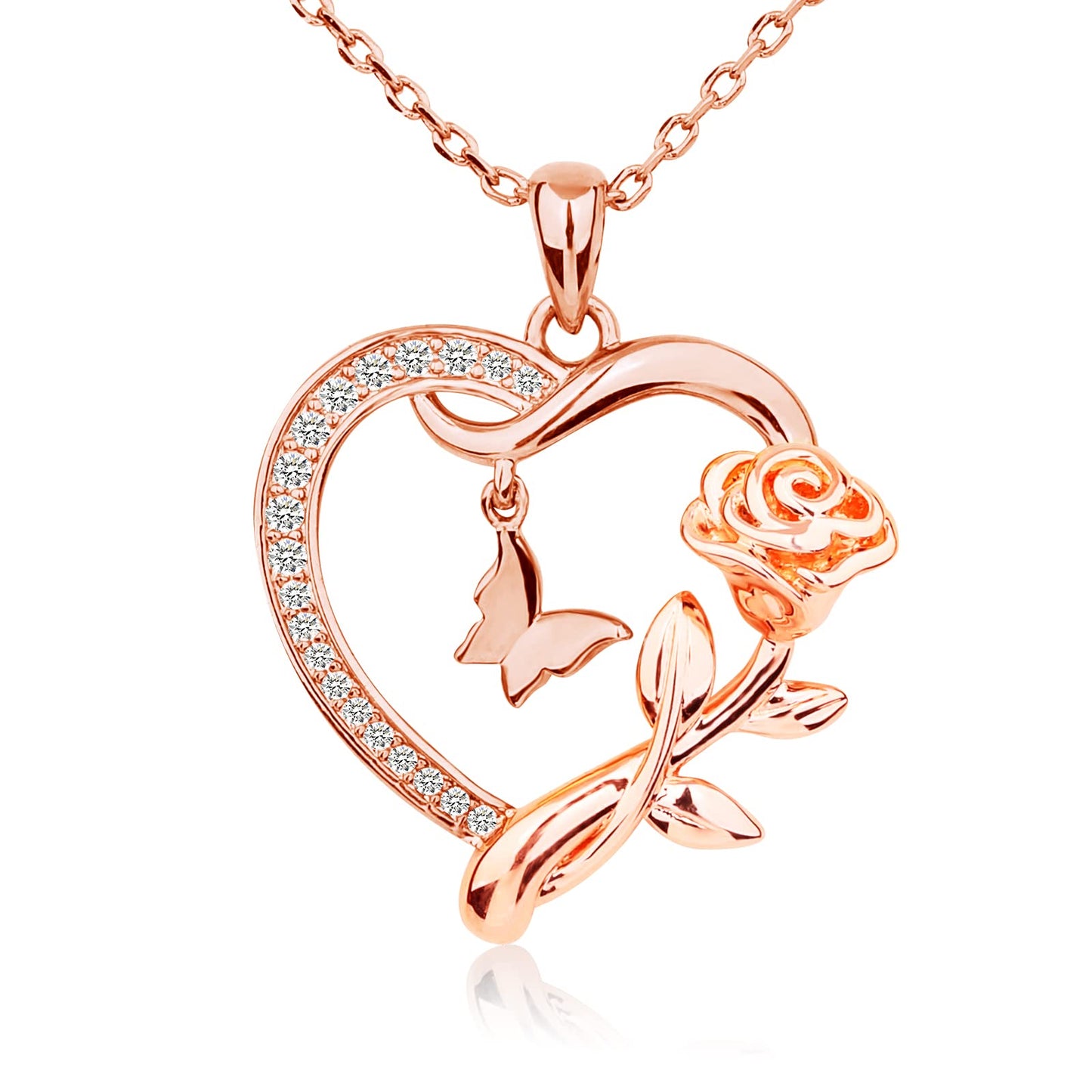 925 Sterling Silver Heart Shaped Butterfly Rose Pendant Necklace Ladies Heart Necklace 14k Gold Plated Minimalist jewelry