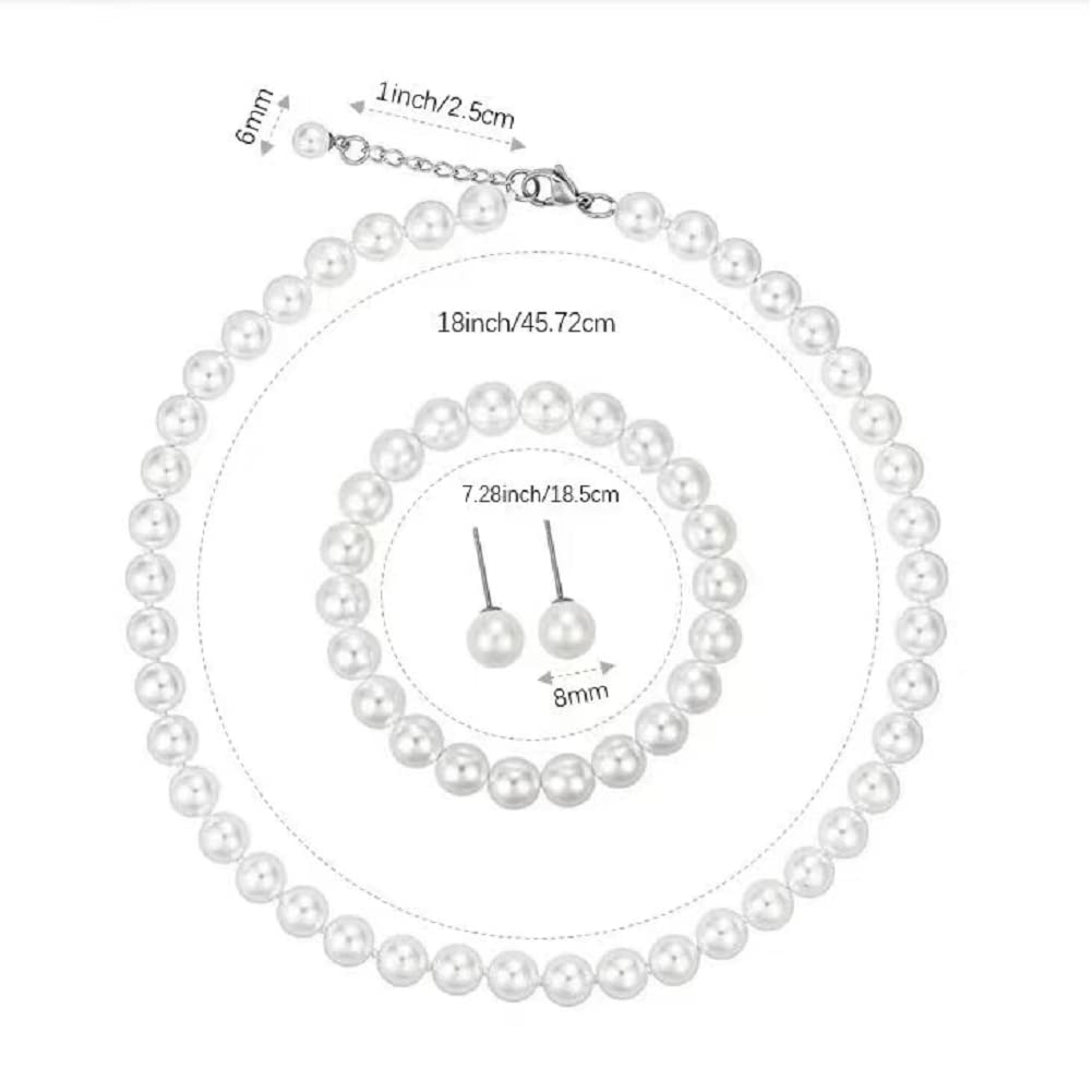 Pearl suit fashion White 8mm Faux Hand Knotted Glass Imitation Pearls Necklace Earring Jewelry 3 Set for Women and Girls