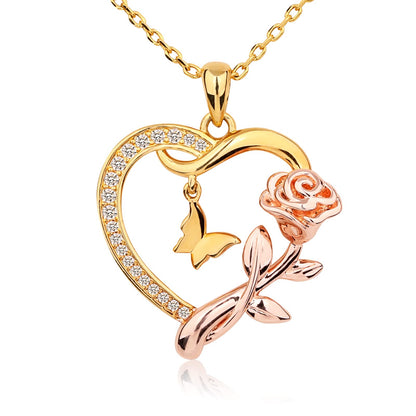 925 Sterling Silver Heart Shaped Butterfly Rose Pendant Necklace Ladies Heart Necklace 14k Gold Plated Minimalist jewelry