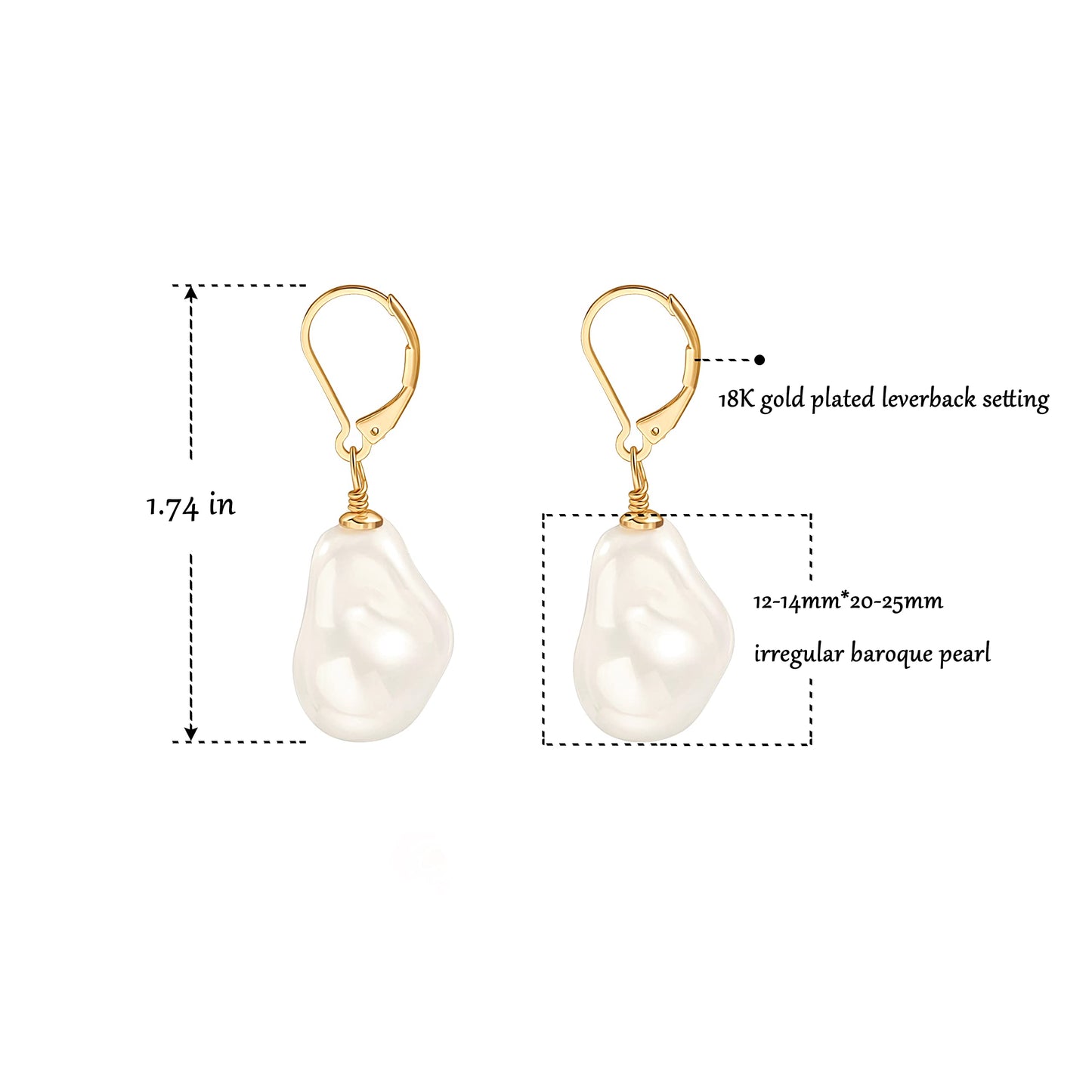 Irregular pearl earrings Handpicked White 18k Gold Plated Leverback Dangle Stud Pearl Earrings Jewelry for Women Girls Gift