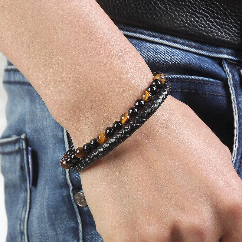 JSJOY Volcano Natural Stone Tiger Eye Bead Bracelet Male Cowhide Rope Agate Bracelet Hand String Electrostatic Leather Bead Woman