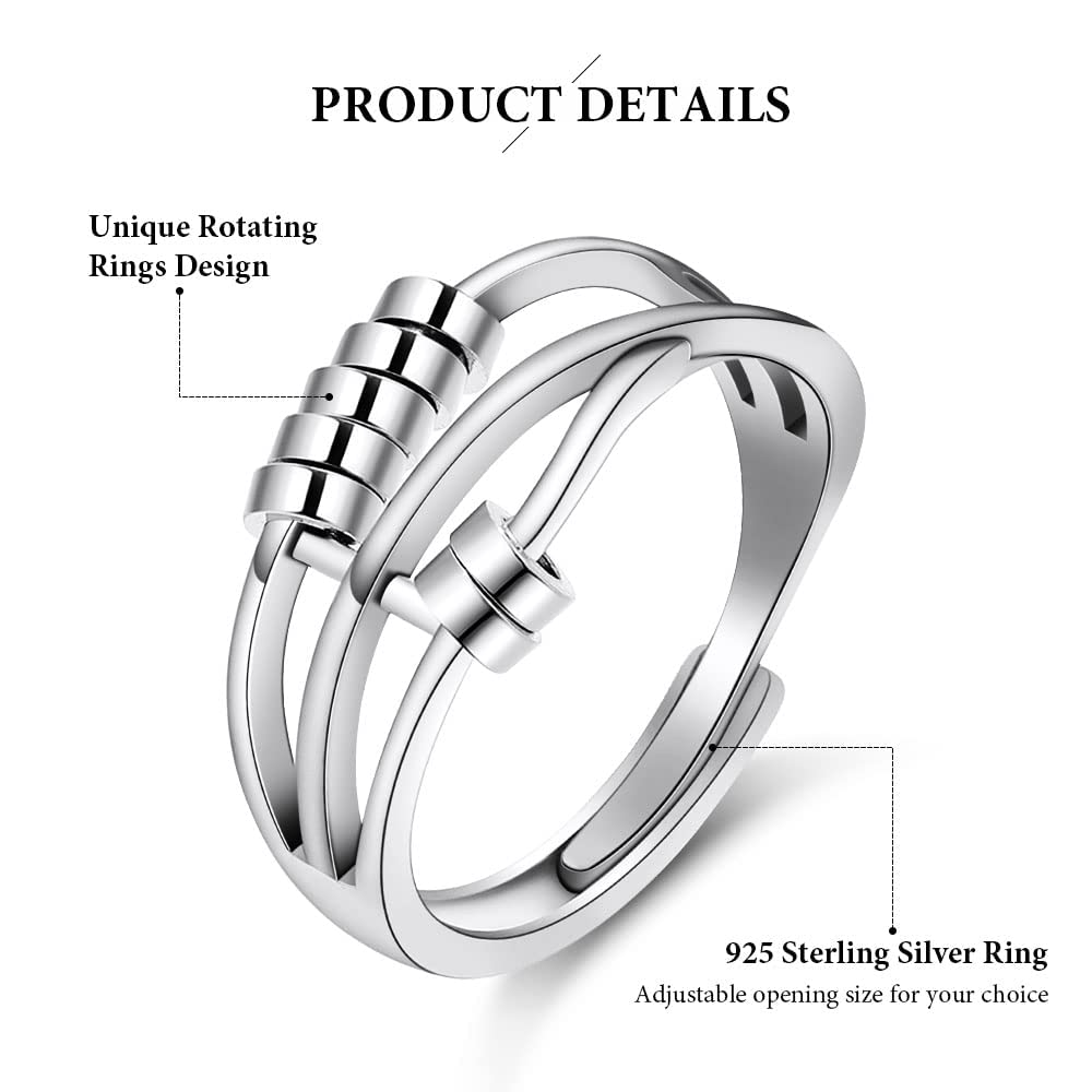 JSJOY 6PCS Anti Anxiety Fidget Ring for Women, Open Adjustable Ring, CZ Cubic Zirconia Diamond Rings, Rotatable Bead Rings, Bee Daisy Rings Set for Women Girls Stress Relief
