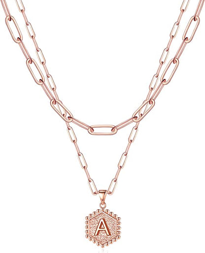 JSJOY 14K Gold Plated Paperclip Chain Necklace Simple Hexagon Letter Pendant Initial Choker Necklace Gold Layered Necklaces for Women Mother's Day Layered Initial Necklaces Gift  for Mom