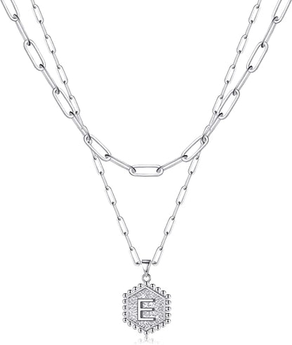 JSJOY 14K Gold Plated Paperclip Chain Necklace Simple Hexagon Letter Pendant Initial Choker Necklace Gold Layered Necklaces for Women Mother's Day Layered Initial Necklaces Gift  for Mom