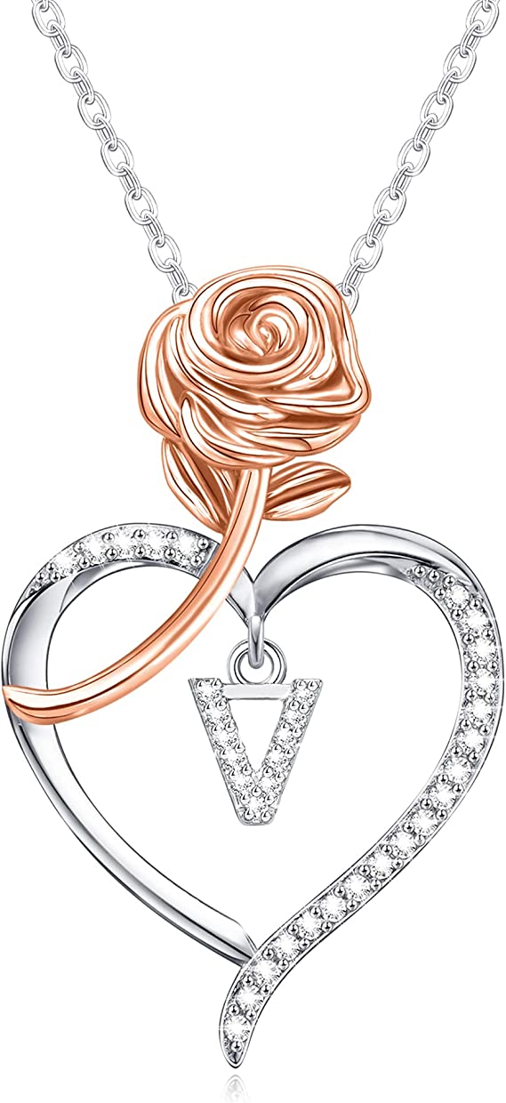 JSJOY Rose Heart Initial Necklaces for Women Girls A-Z Letter Pendant with Cubic Zirconia Mothers Day Graduation Birthday Gifts