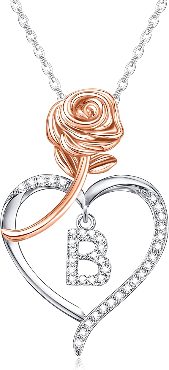 JSJOY Rose Heart Initial Necklaces for Women Girls A-Z Letter Pendant with Cubic Zirconia Mothers Day Graduation Birthday Gifts