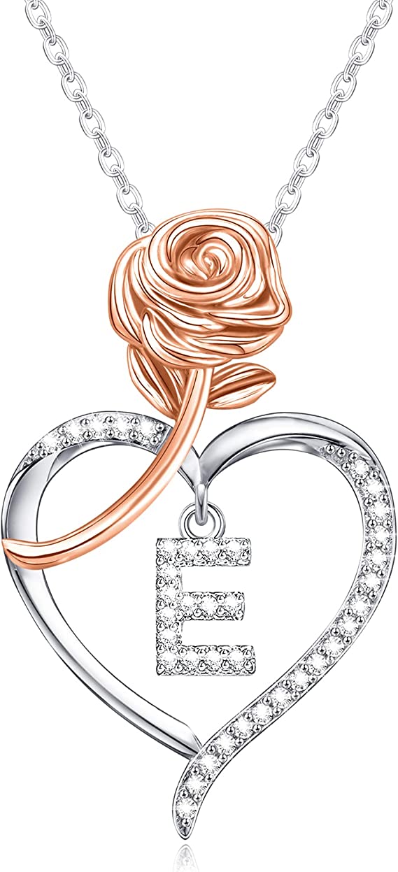 JSJOY Rose Heart Initial Necklaces for Women Girls A-Z Letter Pendant with Cubic Zirconia Mothers Day Graduation Birthday Gifts