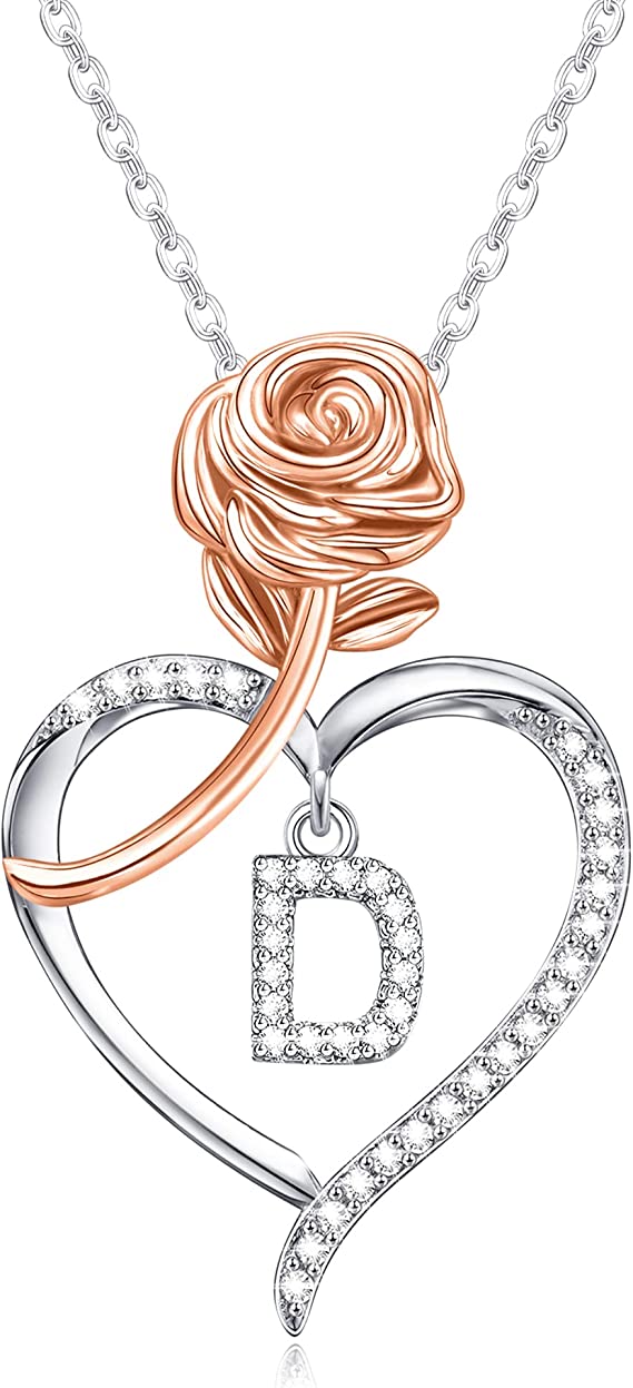 JSJOY Rose Heart Initial Necklaces for Women Girls A-Z Letter Pendant with Cubic Zirconia Mothers Day Graduation Birthday Gifts