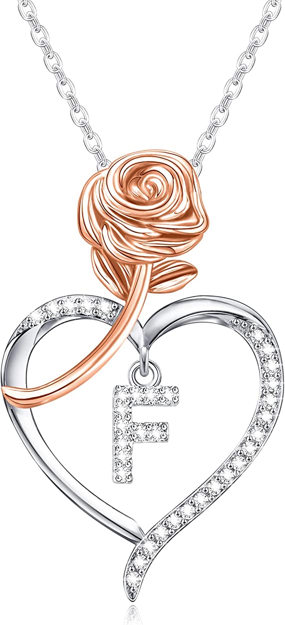 JSJOY Rose Heart Initial Necklaces for Women Girls A-Z Letter Pendant with Cubic Zirconia Mothers Day Graduation Birthday Gifts