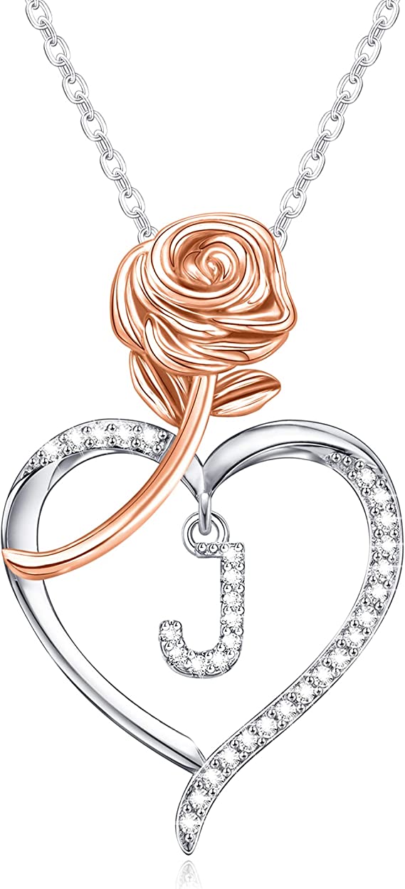 JSJOY Rose Heart Initial Necklaces for Women Girls A-Z Letter Pendant with Cubic Zirconia Mothers Day Graduation Birthday Gifts