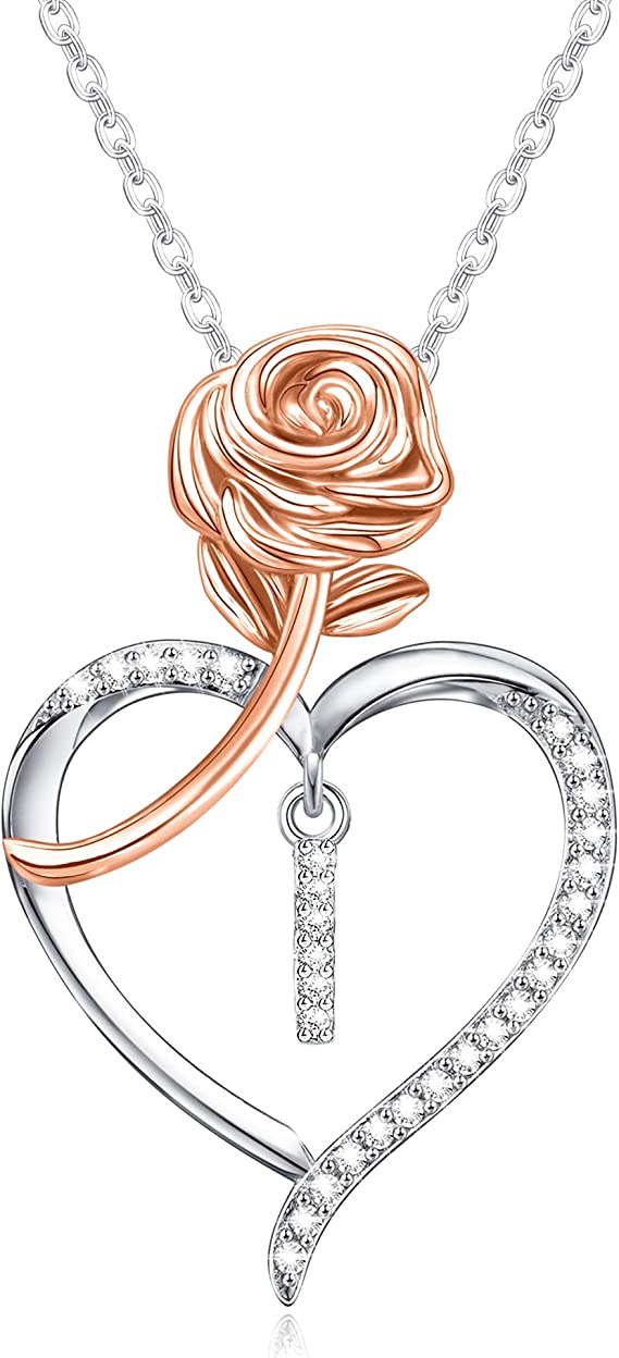 JSJOY Rose Heart Initial Necklaces for Women Girls A-Z Letter Pendant with Cubic Zirconia Mothers Day Graduation Birthday Gifts