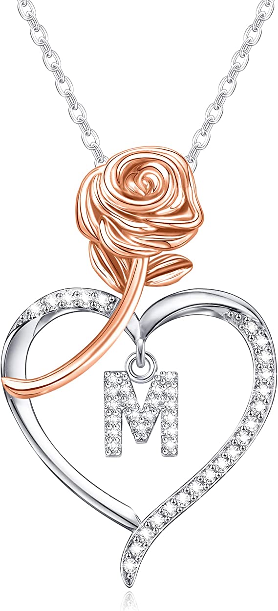 JSJOY Rose Heart Initial Necklaces for Women Girls A-Z Letter Pendant with Cubic Zirconia Mothers Day Graduation Birthday Gifts