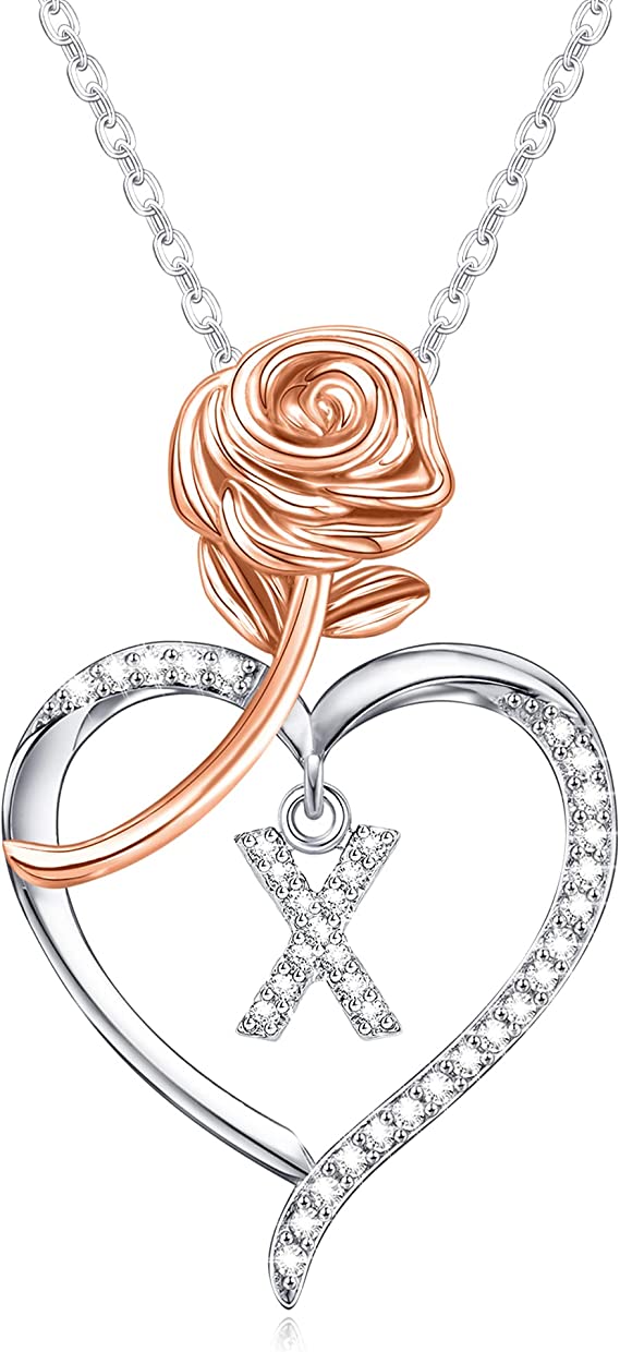 JSJOY Rose Heart Initial Necklaces for Women Girls A-Z Letter Pendant with Cubic Zirconia Mothers Day Graduation Birthday Gifts