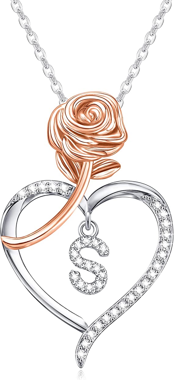 JSJOY Rose Heart Initial Necklaces for Women Girls A-Z Letter Pendant with Cubic Zirconia Mothers Day Graduation Birthday Gifts