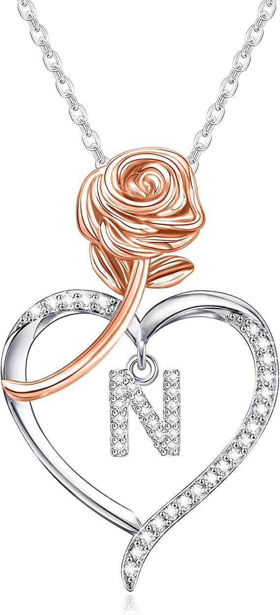 JSJOY Rose Heart Initial Necklaces for Women Girls A-Z Letter Pendant with Cubic Zirconia Mothers Day Graduation Birthday Gifts