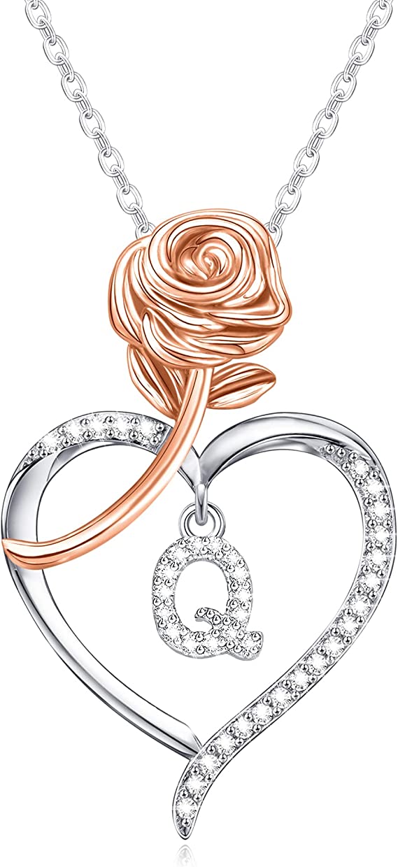 JSJOY Rose Heart Initial Necklaces for Women Girls A-Z Letter Pendant with Cubic Zirconia Mothers Day Graduation Birthday Gifts