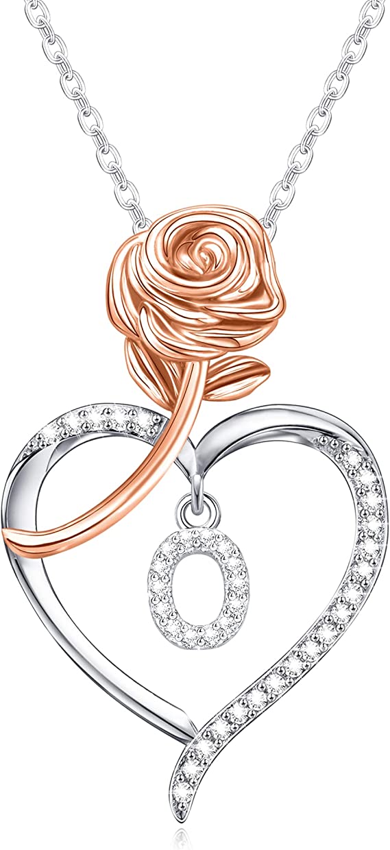JSJOY Rose Heart Initial Necklaces for Women Girls A-Z Letter Pendant with Cubic Zirconia Mothers Day Graduation Birthday Gifts
