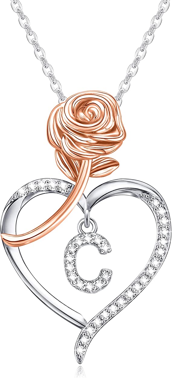 JSJOY Rose Heart Initial Necklaces for Women Girls A-Z Letter Pendant with Cubic Zirconia Mothers Day Graduation Birthday Gifts