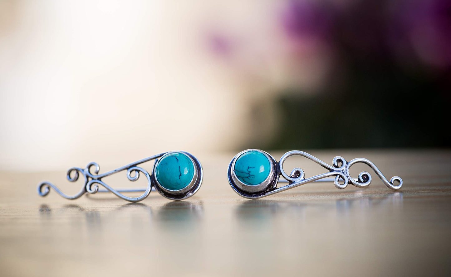 Turquoise Ear Climbers Silver Crawlers Earrings  Pair of Celtic Knots Ear Crawlers Light Blue Sweep Bohemian Ethnic Tribal Jewelry for Women Turquoise Ear Crawlers