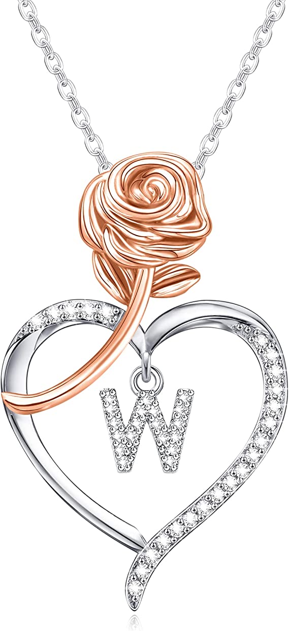 JSJOY Rose Heart Initial Necklaces for Women Girls A-Z Letter Pendant with Cubic Zirconia Mothers Day Graduation Birthday Gifts