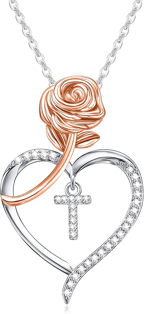 JSJOY Rose Heart Initial Necklaces for Women Girls A-Z Letter Pendant with Cubic Zirconia Mothers Day Graduation Birthday Gifts