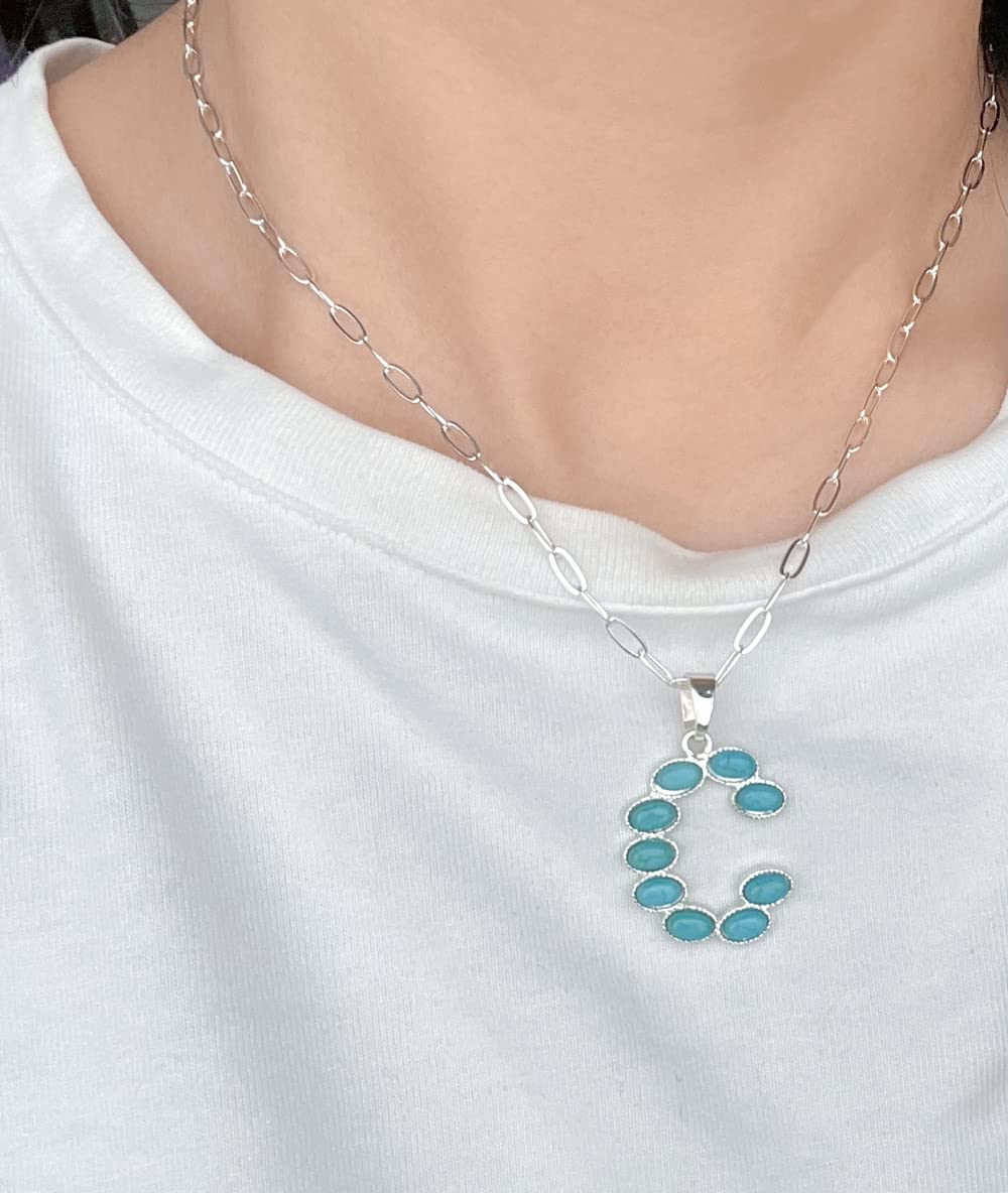 Western Turquoise Initial Necklace Letter Cowgirl Bohemian A-Z Hippie Boho Turquoise Stones Pendant Necklace for Women Girls Valentine's Day Gift