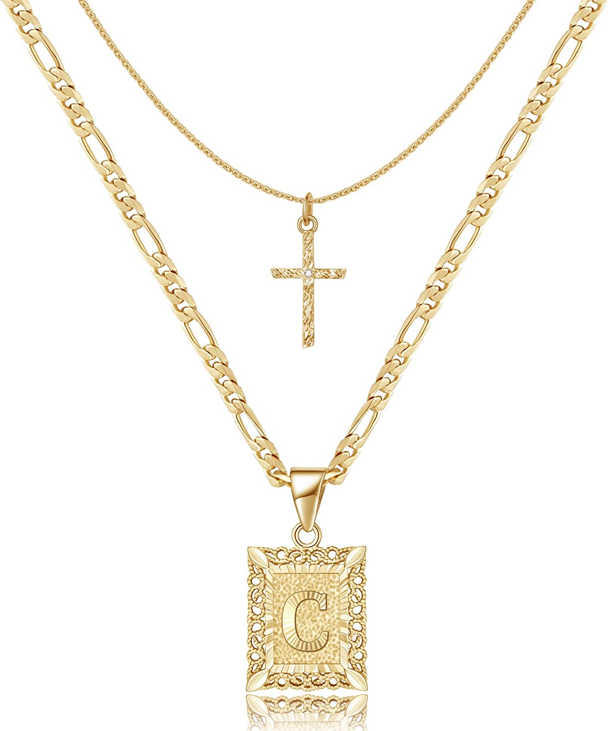 JSJOY Gold Layered Initial Cross Necklace 14K Gold Plated Layering Square Letter Pendant Figaro Chain Cross Choker Initial Charm Necklace Gift for Women Girl