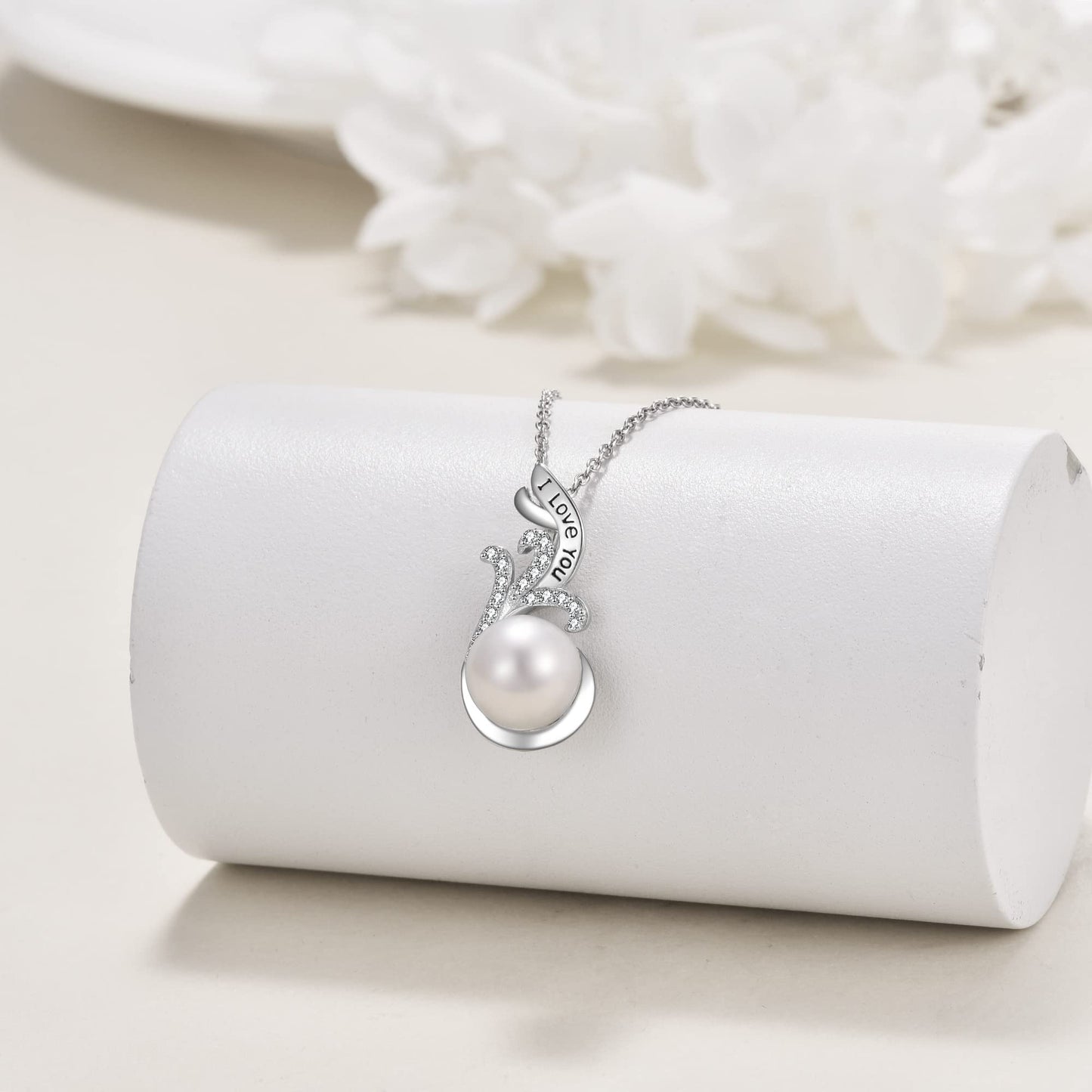 Freshwater Pearl Necklace Sterling Silver Pearl Necklace Zircon Pearl Pendant Necklace Pearl And Zircon Necklace Bridal Jewelry Gifts for Women Wife Girlfriend