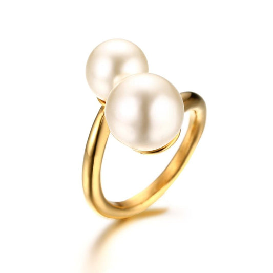 Pearl Ring fashion Double Simulated  Wrap  Gold Plated Stainless Steel Large Statement Ring for Women