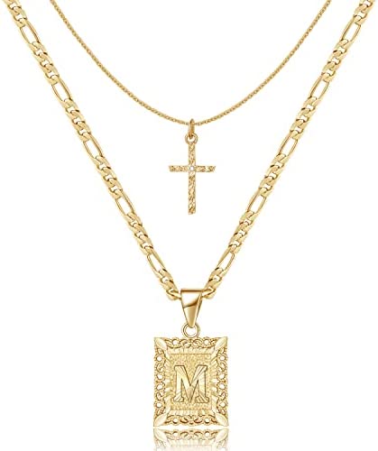 JSJOY Gold Layered Initial Cross Necklace 14K Gold Plated Layering Square Letter Pendant Figaro Chain Cross Choker Initial Charm Necklace Gift for Women Girl