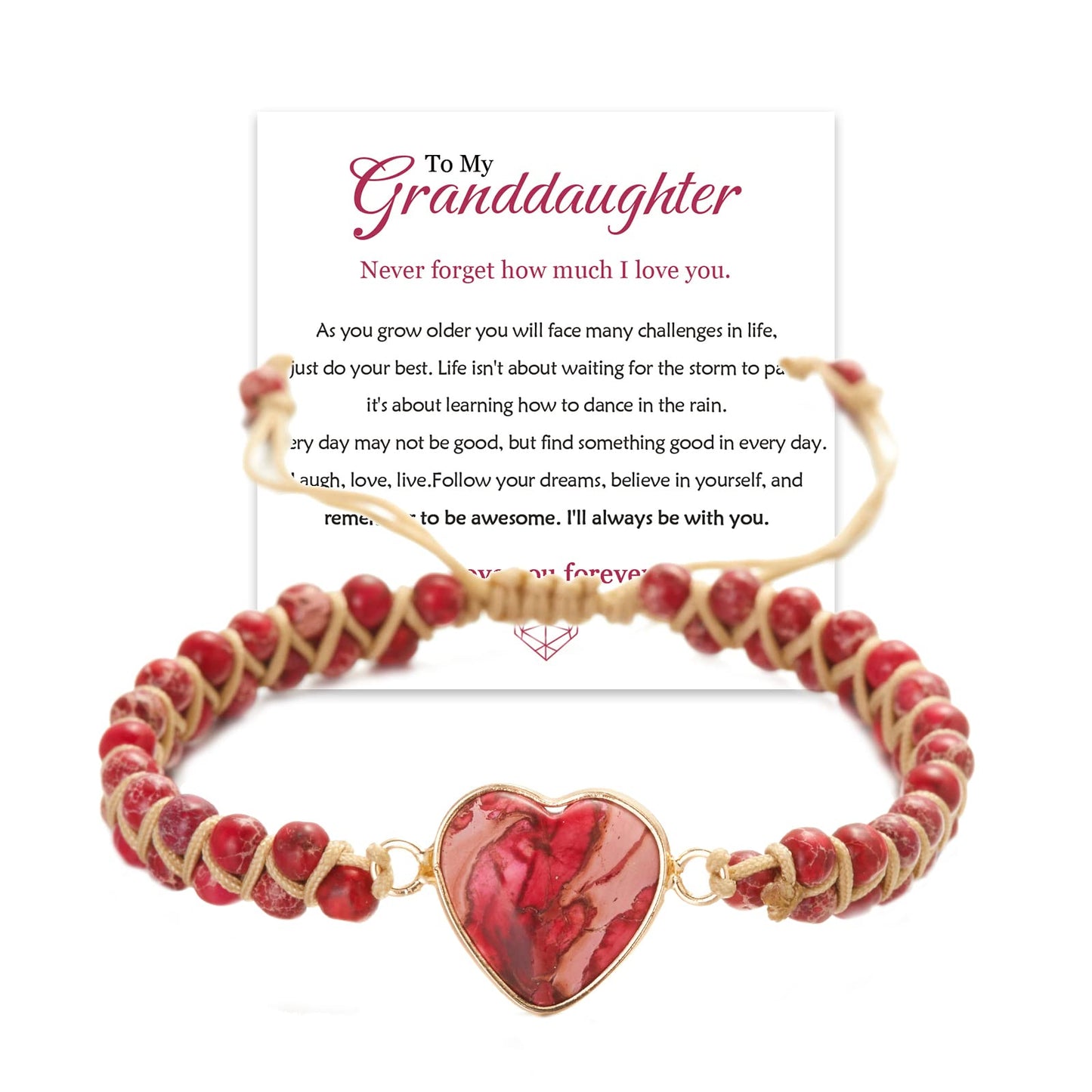 To My Granddaughter Bracelet Jasper Heart Bracelet for Granddaughter form Grandma Grandpa Love You Forever Bracelet Handmade Adjustable Double Winding   Braided  Classic Natural  Gift for Granddaughter Bracelet Jewelry