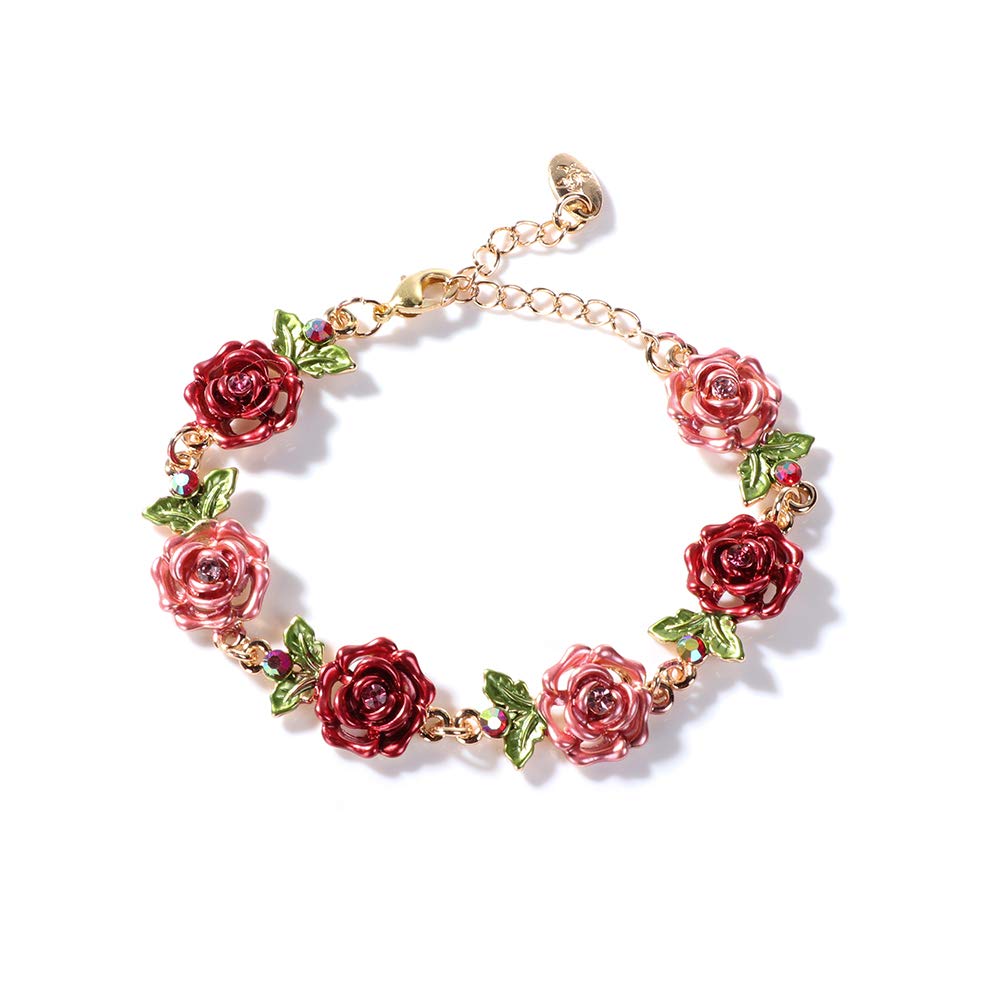 JSJOY Flower Bracelet Colorful Link Bracelets Rose Flower Leaf Bangle Bracelet Anklet Cloisonne Chain Hand Jewelry with Charm  for Women Lady Girl Daughter with Extension Chain Gift Box gift