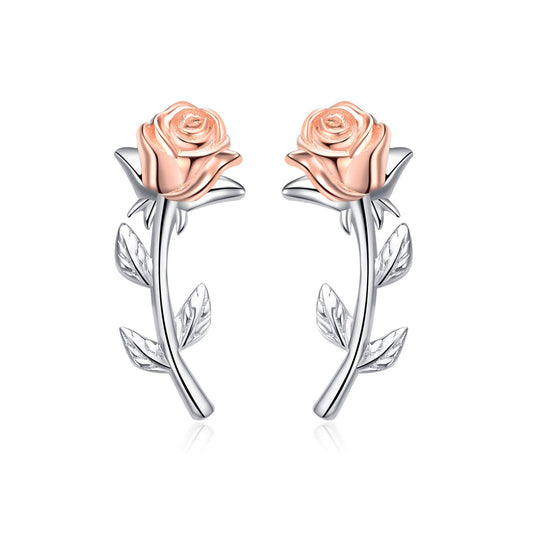 JSJOY Ear Crawler Climber Earrings Sterling Silver Rose Flower Crescent Moon Stud Earrings for Women Girls Jewelry Gifts