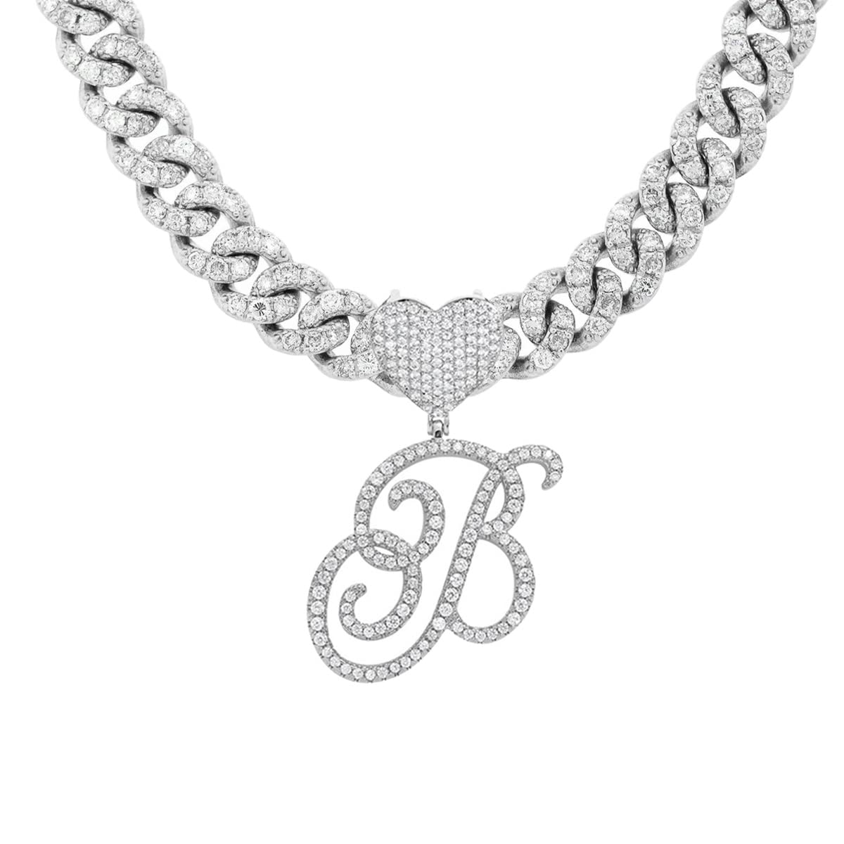 JSJOY Initial Necklaces Silver Cuban Link Chain for Women Iced Out Chain with Heart Letter Pendants Custom Chain Name Necklace Hip Hop Jewelry Gift