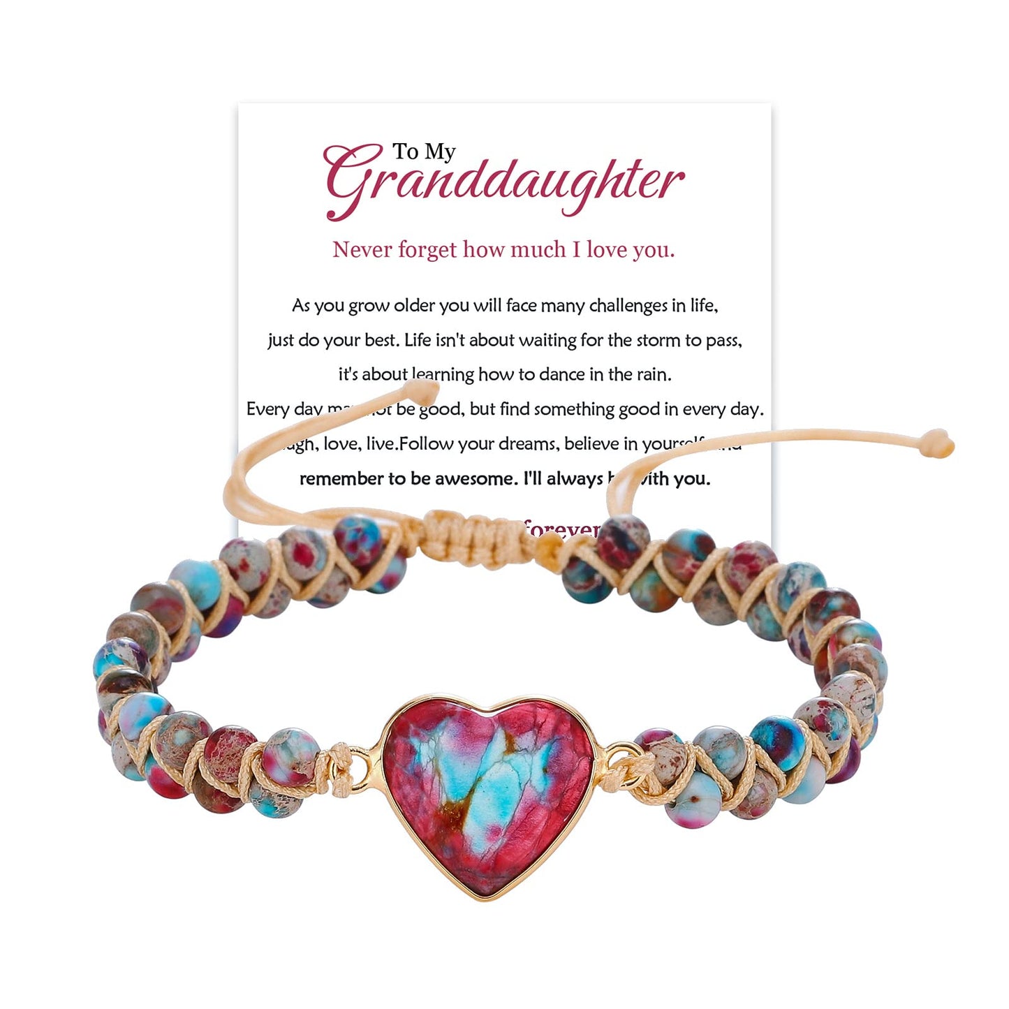 To My Granddaughter Bracelet Jasper Heart Bracelet for Granddaughter form Grandma Grandpa Love You Forever Bracelet Handmade Adjustable Double Winding   Braided  Classic Natural  Gift for Granddaughter Bracelet Jewelry